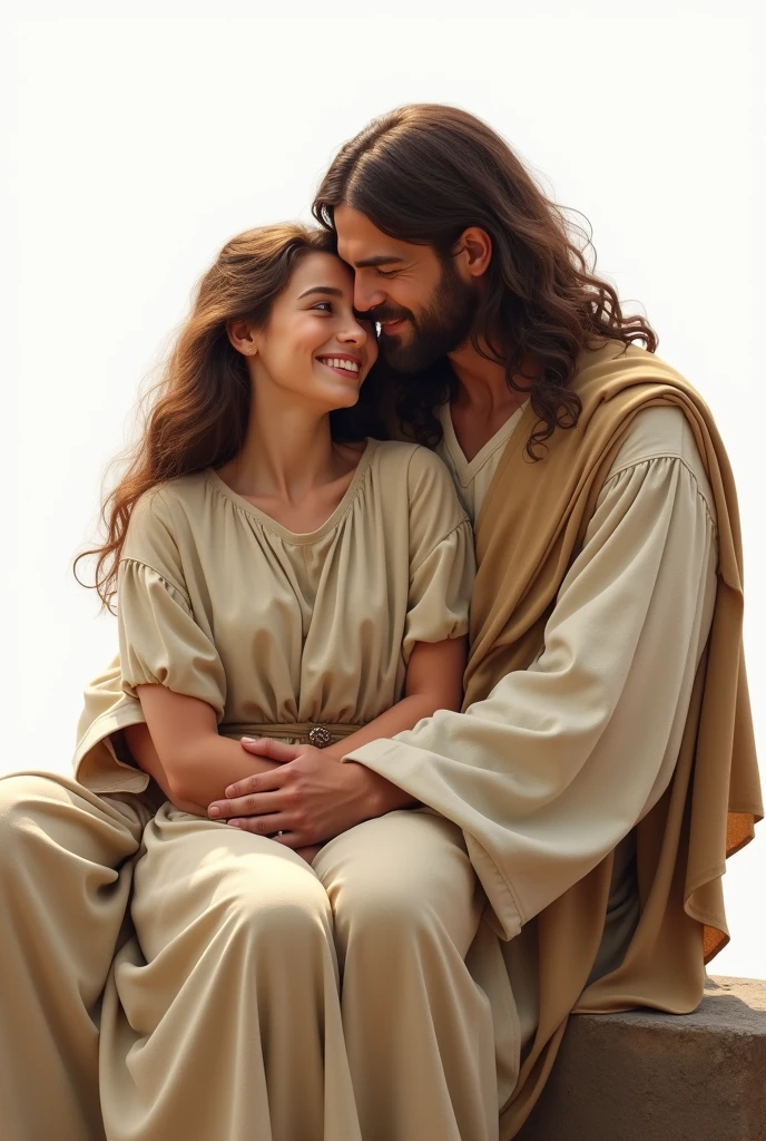 CREATE AN IMAGE OF A CHILD WOMAN SITTING ON THE LAP OF JESUS CHRIST SMILING, Background, A WHITE PLANE