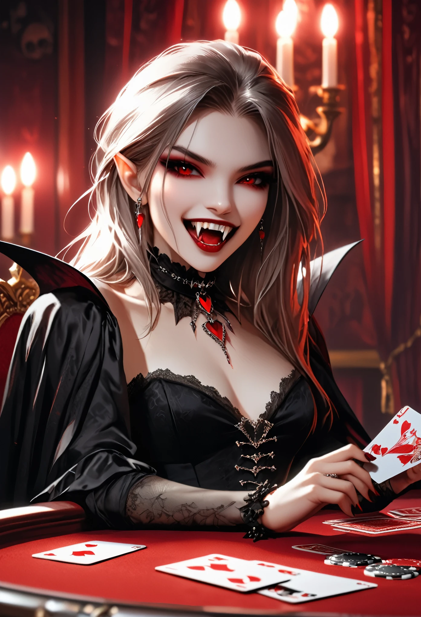 a portrait of a vampire playing poker game of cards, holding cards ((cards not shown:1.5)) blood dripping from the cards dripping blood, an exquisite beautiful vampire, goth vampire, ((dynamic hair color: 1.5)), white pale skin, some blood veins are seen on the skin, red lips, red eyes, glowing eyes, wearing goth dress, silk dress, there are diamonds on the dress, earing a choker studded with a red diamond, ((vampire fangs:1.5)), she sits near a poker table in a dark fantasy room, there is a playing table, torch light,  vibrant, Ultra-high resolution, High Contrast, (masterpiece:1.5), highest quality, Best aesthetics), best details, best quality, highres, ultra wide angle, 16k, [ultra detailed], masterpiece, best quality, (extremely detailed: 1.5), vampire fangs, NRART