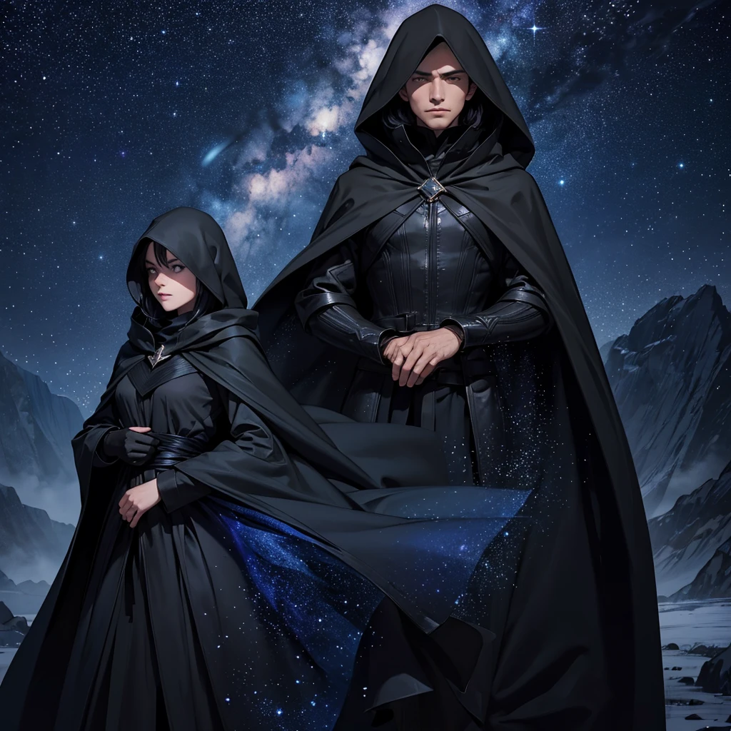 "An enigmatic author dressed in a black cape, standing under a beautiful starry sky. The author is hidden under the cloak, with only part of the face visible, creating an aura of mystery. The coat should be loose and cover most of your figure., while the starry sky shines brightly in the background. The image should convey a sense of mystery and depth."