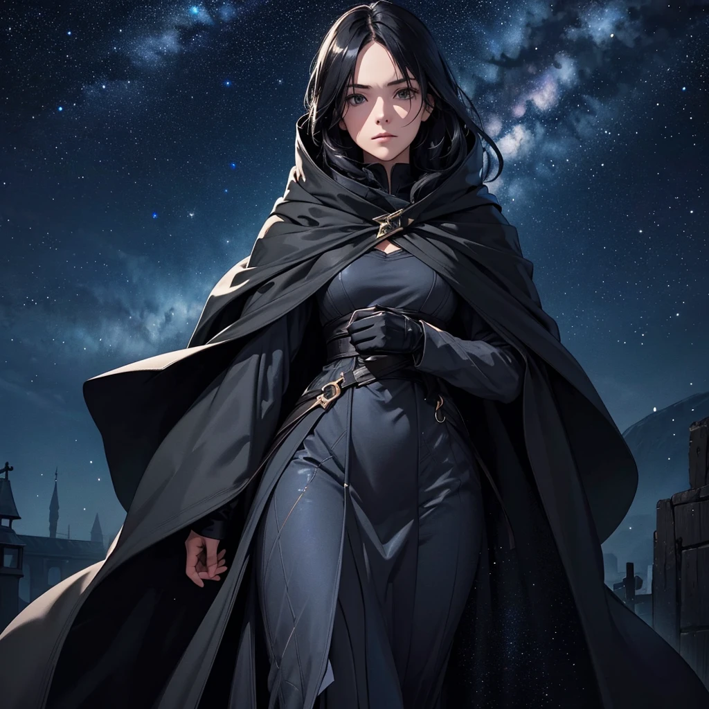 "An enigmatic author dressed in a black cape, standing under a beautiful starry sky. The author is hidden under the cloak, with only part of the face visible, creating an aura of mystery. The coat should be loose and cover most of your figure., while the starry sky shines brightly in the background. The image should convey a sense of mystery and depth."