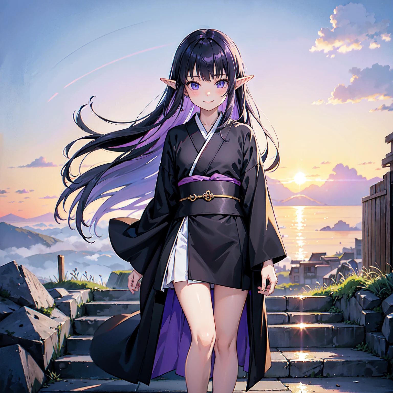 A girl with long violet-purple hair. Pointy elf ears. Her clothes are simple: a black robe with wide sleeves and a black miniskirt. Her knees are showing. The front has a V-shaped white insert like a kimono. A big smile. Gentle face. Background, Bright painting, Makoto Shinkai, floating ruins, floating in the sky, above the clouds, stairs in the sky, illustration, nostalgic, vivid, background only, bright, refreshing, stairs, sunset
