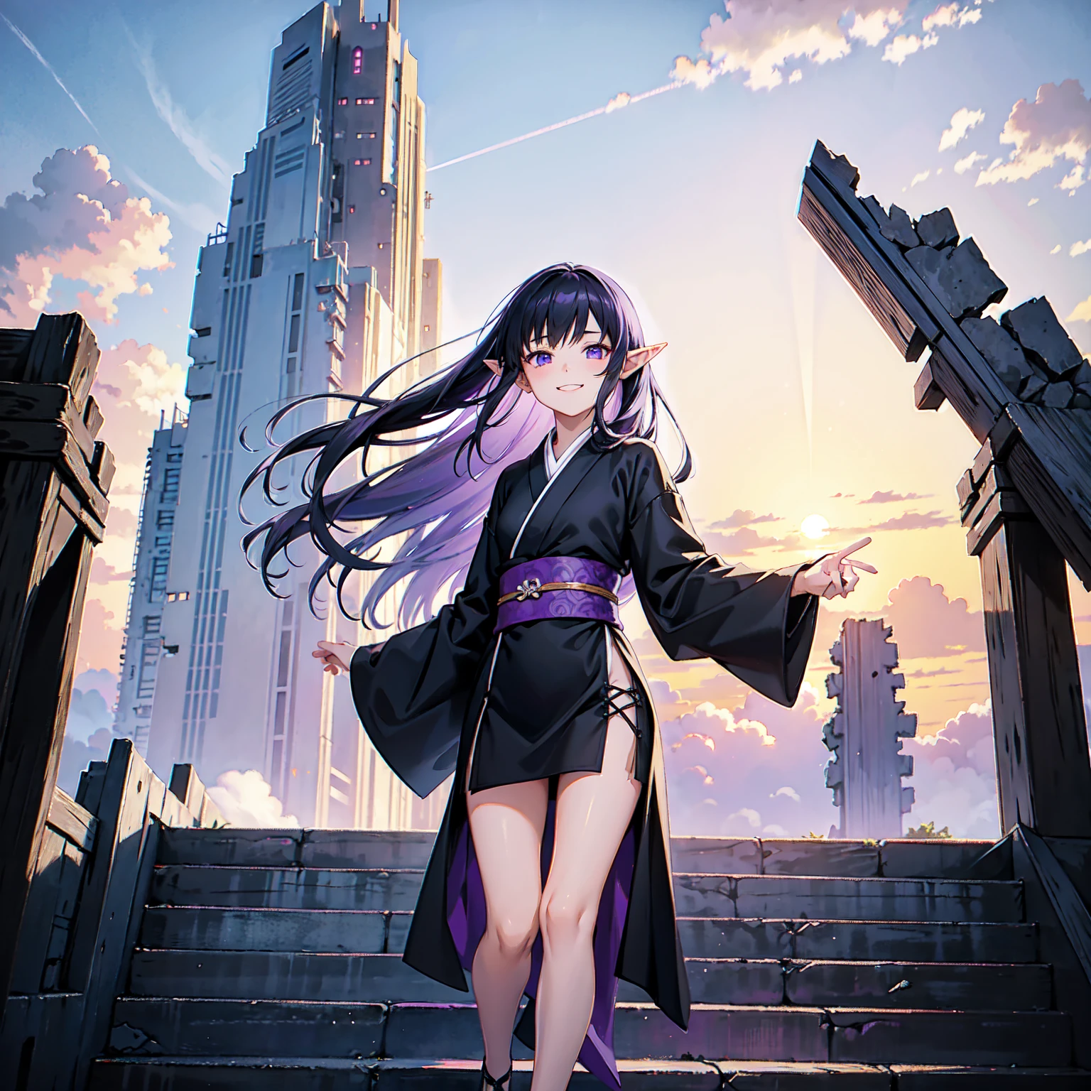 A girl with long violet-purple hair. Pointy elf ears. Her clothes are simple: a black robe with wide sleeves and a black miniskirt. Her knees are showing. The front has a V-shaped white insert like a kimono. A big smile. Gentle face. Background, Bright painting, Makoto Shinkai, floating ruins, floating in the sky, above the clouds, stairs in the sky, illustration, nostalgic, vivid, background only, bright, refreshing, stairs, sunset