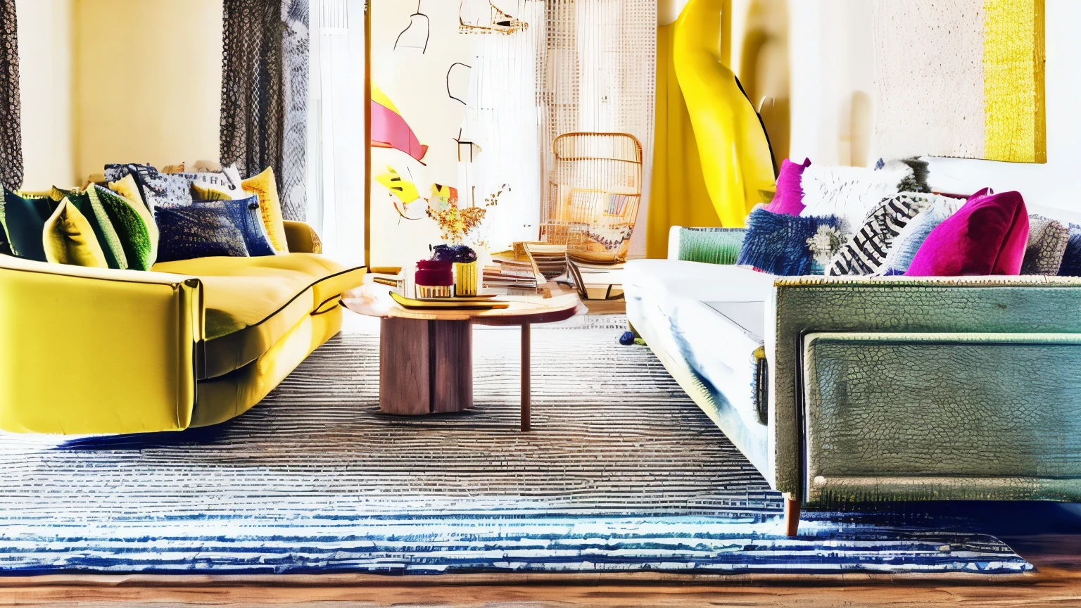 A vibrant yellow banana-shaped couch sits in a cozy living room, its curve cradling a pile of colorful cushions. on the wooden floor, a patterned rug adds a touch of eclectic charm, and a potted plant sits in the corner, reaching towards the sunlight filtering through the windows