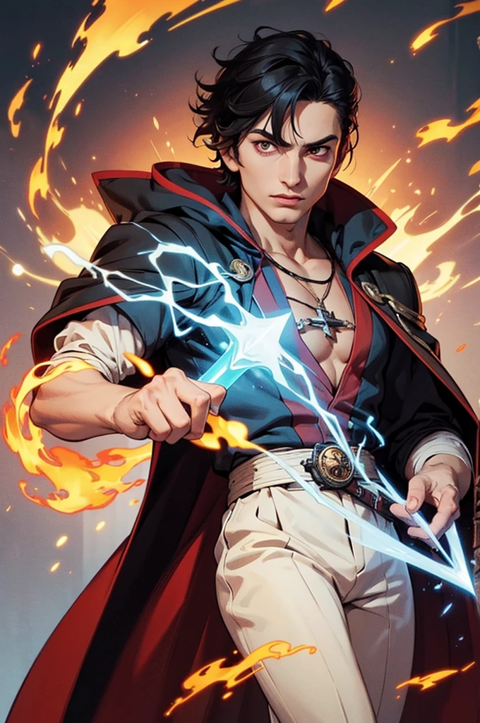 naughty man, man, boy, magician, mage, Youngh, young, short black hair, black grimoire, fire powers, white and red cloak