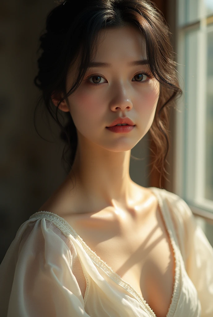 An elegantly dressed Japanese woman in natural light、A close-up of her chest and calm expression.、It shows her inner peace and outer charm.。