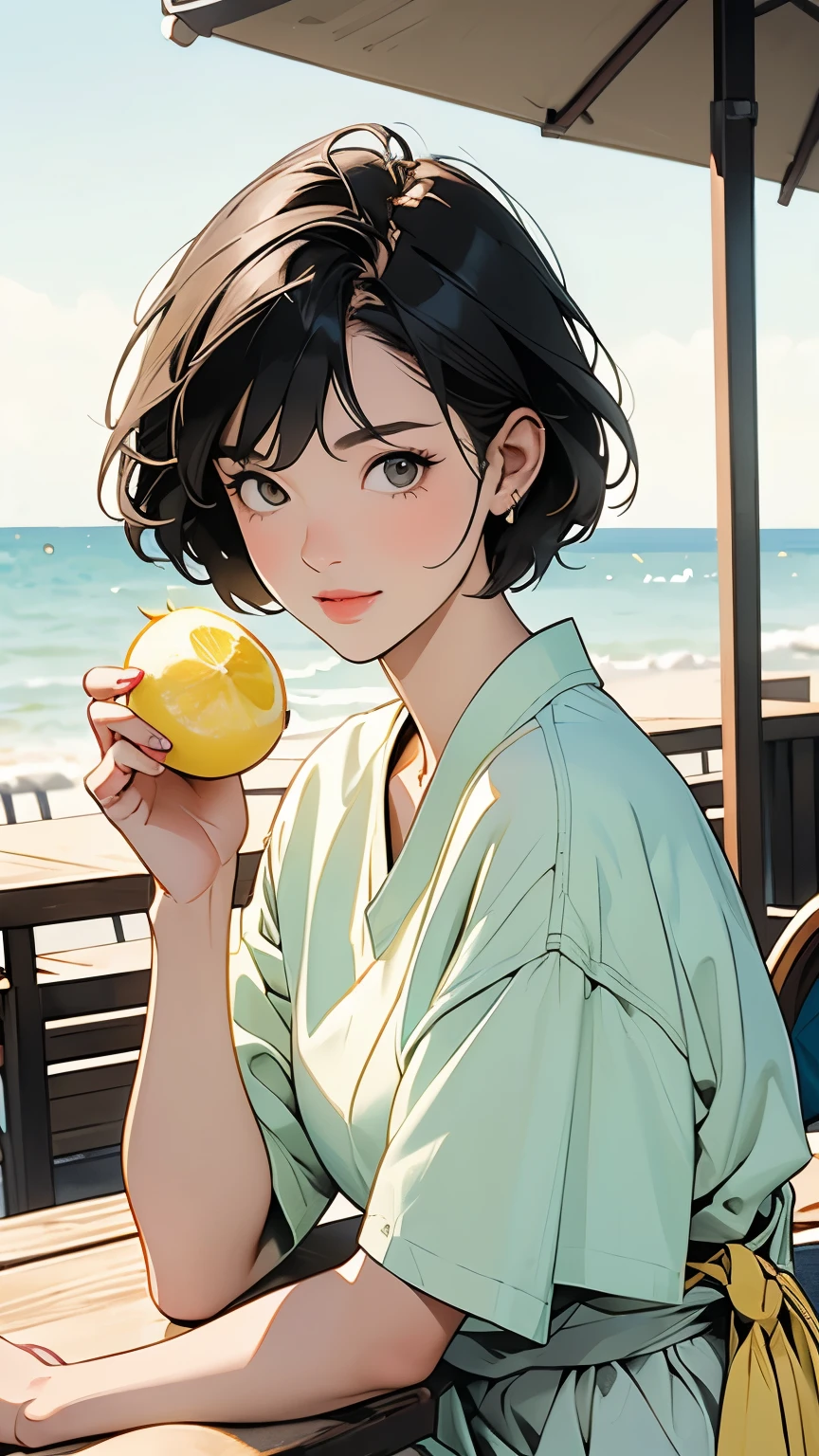 Young short-haired woman drinking lemon juice　Japanese　Seaside　summer　sunny　terrace　Casual clothing