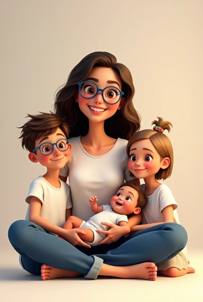 Create a Pixar animation style family portrait.
A mother with three children. A one . An 8 year old boy with and a 6 year old girl.
The mothering on the floor with her legs crossed and holding the baby in her arms..
On the left is boy. On the right is the girl. Everyone is wearing a white t-shirt and jeans. Everyone is smiling warmly and has a cheerful expression.
The mother has long, dark wavy hair and wears blue-framed glasses; the boy also wears black-framed glasses..
The children have light brown, almost blonde hair..
The boy has light brown, almost blond hair..
She has shoulder length hair with a bow on her head.
The background is neutral and soft in tone..
The entire scene must have vibrant colors., expressive expressions and warm lighting typical of Pixar animations.