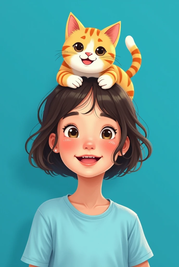 Blue background and girl wearing light dark blue t-shirt and has a yellow white cat on her head