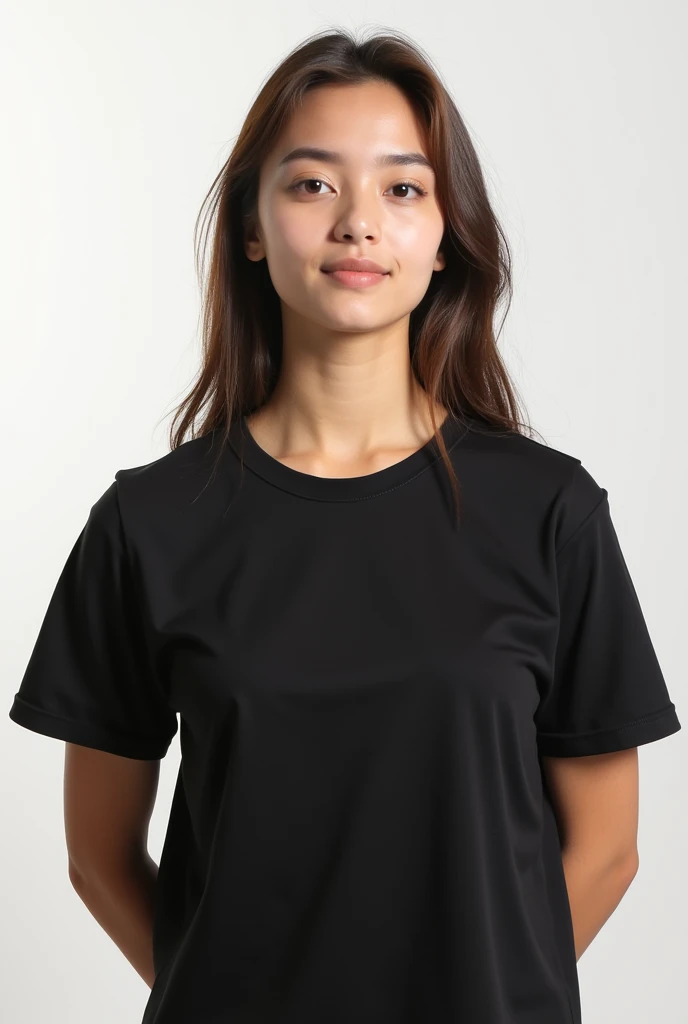 young woman in black t-shirt, smooth and unisex, on white background