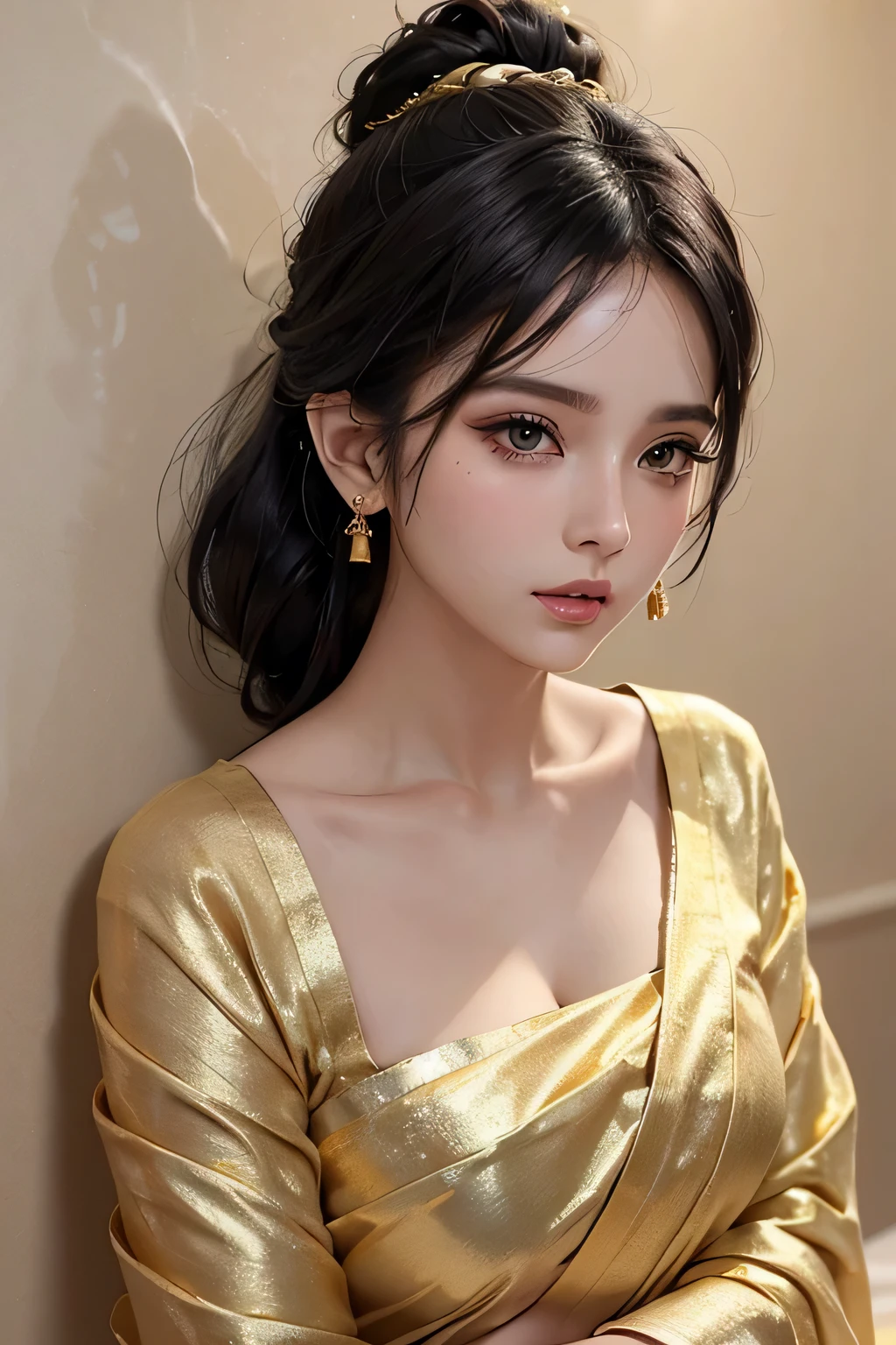 Sexy woman, black hair tied in a bun, smokey eyes, eyeliner, blushing intensely, fairest skin, plump face, soft lips, gold blouse, white saree with gold borders, pinned against a wall