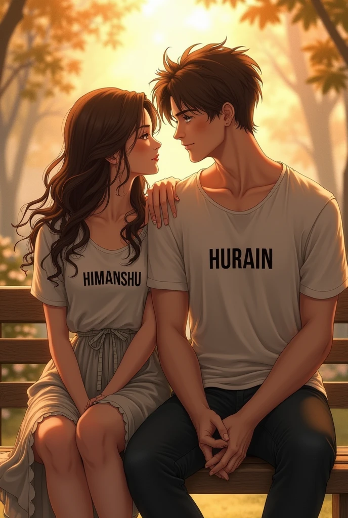 A beautiful girl whose name is HIMANSHU written on her clothes And A handsome boy whose name is HURAIN written on his clothes. or both of them are looking towards the front or are sitting on the bench.