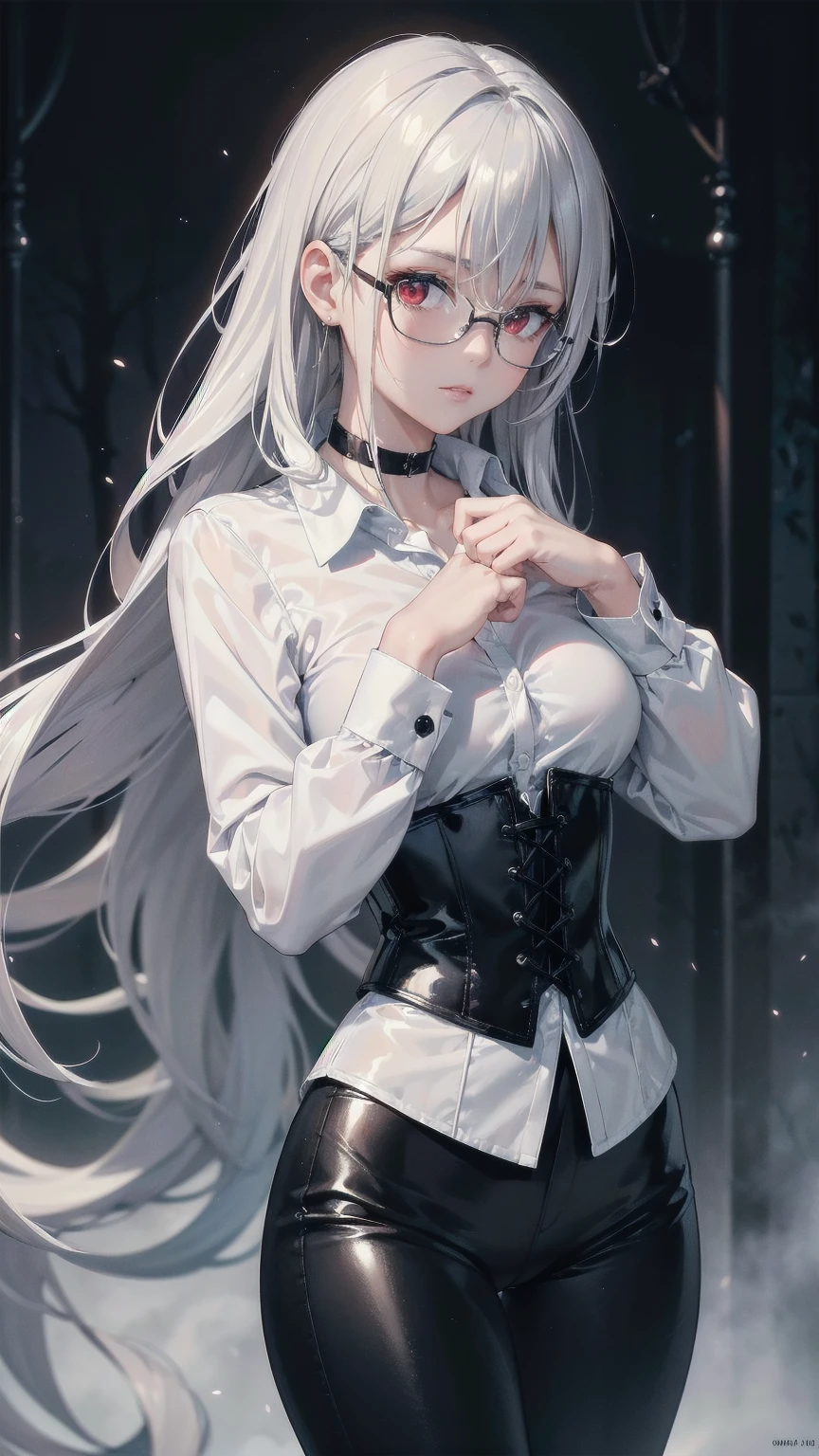 masterpiece, Superior image quality, High resolution, 4k image,photo and gross, photorealistic, whole body, perfect fingers, five fingers on each hand. 1 girl, fighting pose, {{{vagina}}}, beautiful face, Long wavy silver hair, Red eyes, very detailed eyes, shy expression, Glasses, choker:1.6, (white long sleeve button down shirt with white collar), black gloves, gloves that cover hands, holding a spear in his hand, (black leather corset), (shiny black leggings), Sensual Lips, show details in the eyes, View from the front, looking at the viewer, Dark forest, fog, at night