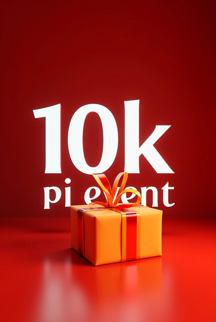 Create for me an image with a dark red gradient background and white letters with the theme I want written "10k via present" put a drawing of a gift in orange and light red behind the letters 