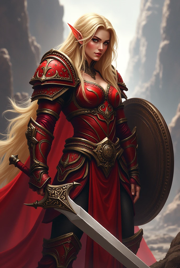 Blood Elf Warrior, Warcraft, red, sword and shield, blond hair