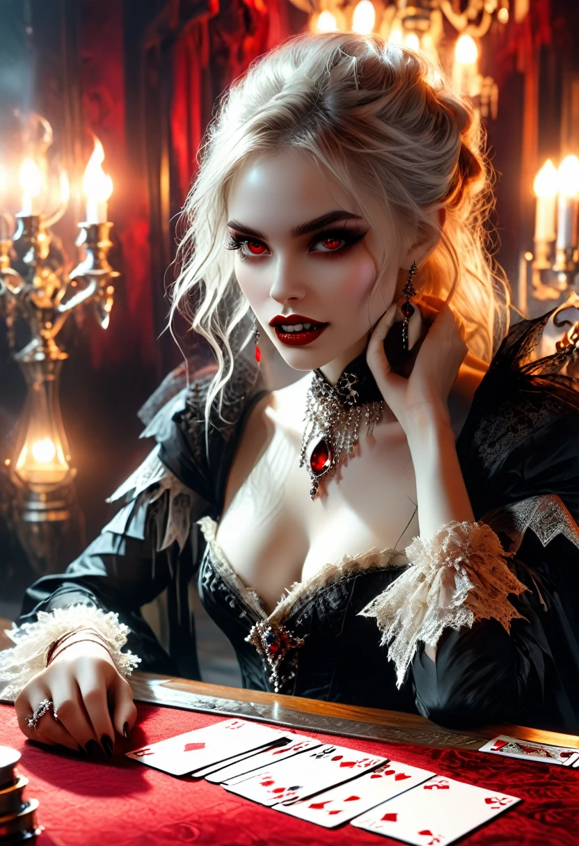 a portrait of a vampire playing poker game of cards, holding cards ((cards not shown:1.5)) the cards are dripping blood, an exquisite beautiful vampire, goth vampire, ((dynamic hair color: 1.5)), white pale skin, some blood veins are seen on the skin, red lips, red eyes, glowing eyes, wearing goth dress, silk dress, there are diamonds on the dress, earing a choker studded with a red diamond, ((vampire fangs:1.5)), she sits near a poker table in a dark fantasy room, there is a playing table, torch light,  vibrant, Ultra-high resolution, High Contrast, (masterpiece:1.5), highest quality, Best aesthetics), best details, best quality, highres, ultra wide angle, 16k, [ultra detailed], masterpiece, best quality, (extremely detailed: 1.5), vampire fangs, NRART