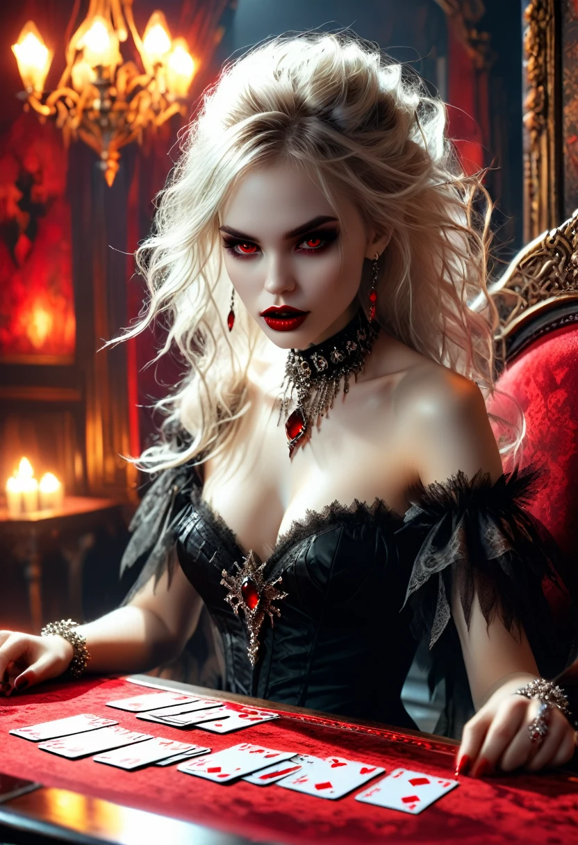 a portrait of a vampire playing poker game of cards, holding cards ((cards not shown:1.5)) the cards are dripping blood, an exquisite beautiful vampire, goth vampire, ((dynamic hair color: 1.5)), white pale skin, some blood veins are seen on the skin, red lips, red eyes, glowing eyes, wearing goth dress, silk dress, there are diamonds on the dress, earing a choker studded with a red diamond, ((vampire fangs:1.5)), she sits near a poker table in a dark fantasy room, there is a playing table, torch light,  vibrant, Ultra-high resolution, High Contrast, (masterpiece:1.5), highest quality, Best aesthetics), best details, best quality, highres, ultra wide angle, 16k, [ultra detailed], masterpiece, best quality, (extremely detailed: 1.5), vampire fangs, NRART