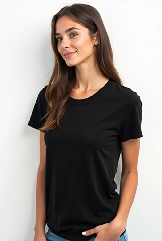 young woman in black t-shirt, smooth and unisex, on white background
