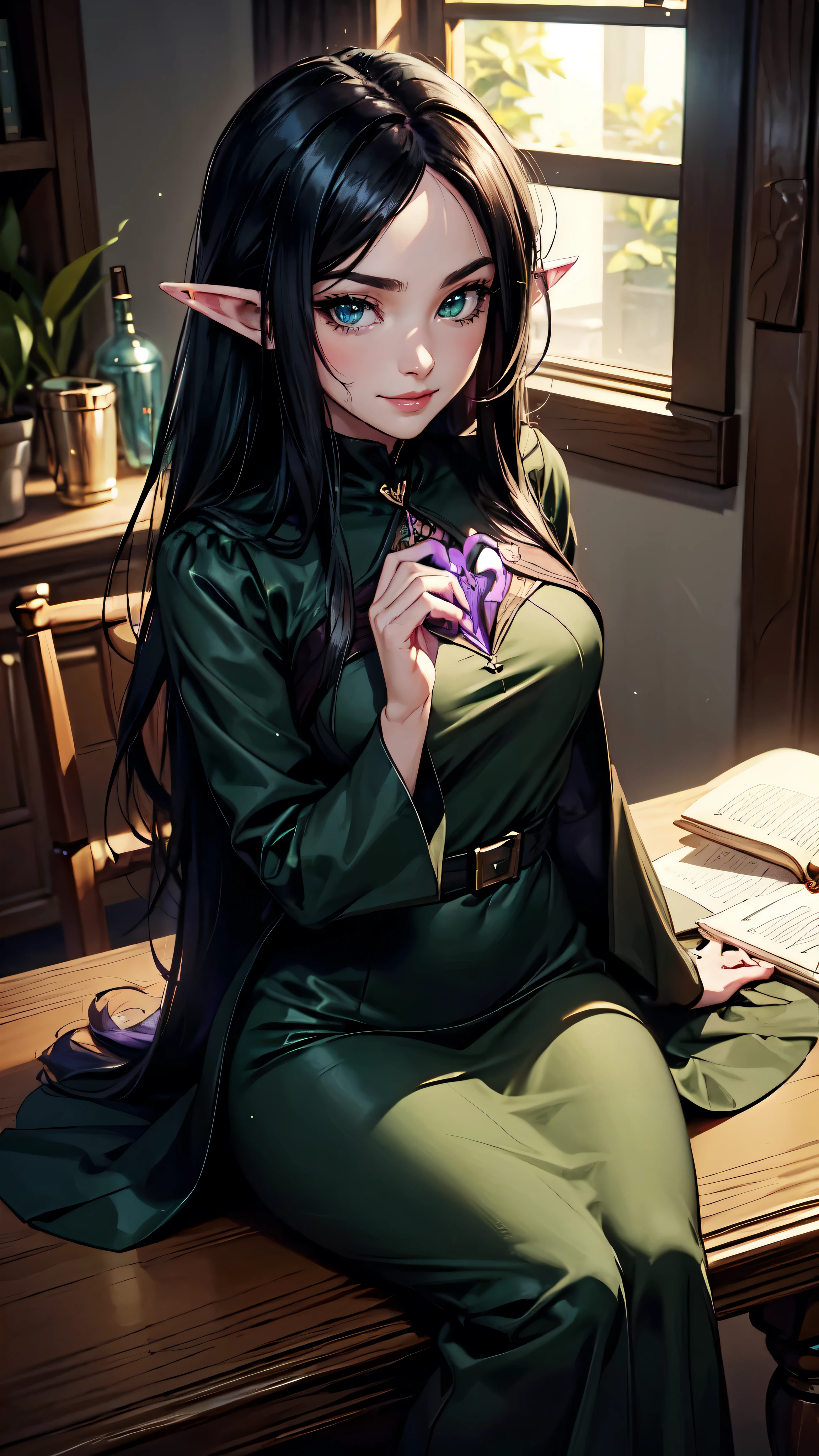 score_9, score_8_up, score_7_up, score_6_up, pretty purple skinned tiefling woman with long black hair, sitting behind a desk, chin tucked in hands, gentle smile green eyes, closeup, attractive smile, (heart shape), black dress outfit, perfect slim body,detailed eyes, elf woman, flowers, wet hair