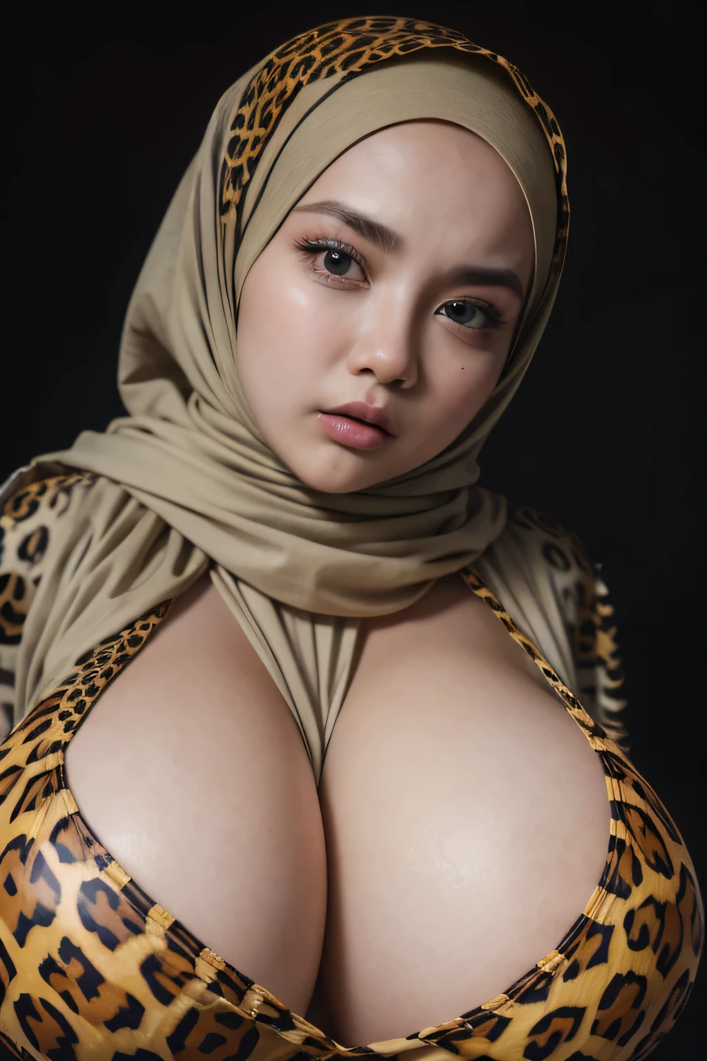 Jumbo (Singlet), Chubby adorable, 1 girl, (face to face), ************, baby face, angry face expression, half body portrait, (face details: 1), (eye details: 1), ((big breasts)). wearing transparent transparency soft long shirt, hijab, .. Cute posed. proportional body. Ultra High Res. realistic: 1.4, UHD, ((leopard pattern)), ((Bigger:2.3)), (((DARK BACKGROUND)))