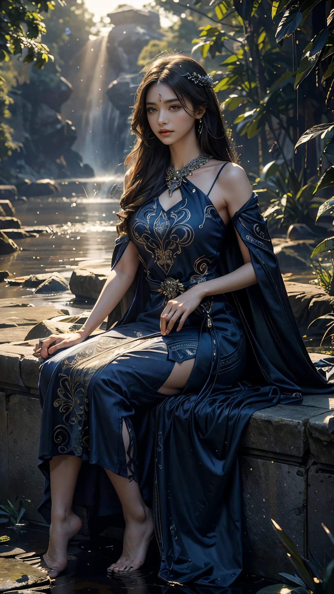 4K, UHD, Masterpiece, 1 girl, good face, detailed eyes, ((very long hair)), bridal hairstyle, butterfly on hair, ornaments, crystal ornaments, jwellery, block print dress, ((indigo dress)), very detailed dress, strap dress, flowing cape, mesh stocking, cinematic unreal scenery, legendary scenery, rainy weather, wet ground, depth of field, ray tracing, bloom, god rays, lens flare, sun flare, cinematic pose, sitting,