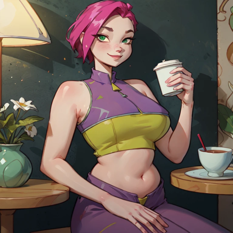 Tecna,short pink hair, big fat body, green eyes,CasualOutfit, sleeveless purple and green croptop, looking at viewer, smiling,upper body shot, Clothes that fit your big, fat body size, sitting, behind table, inside cozy cafe, holding coffee cup, playful ambiance,  high quality, masterpiece, 