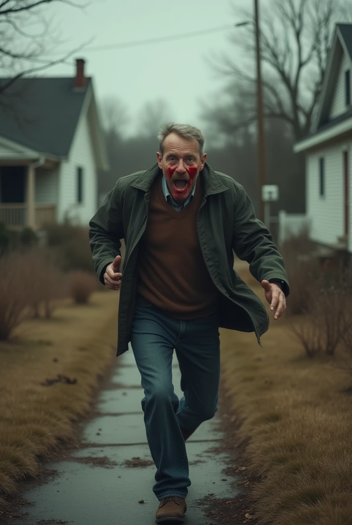 old man with blood on his face runs towards his house.