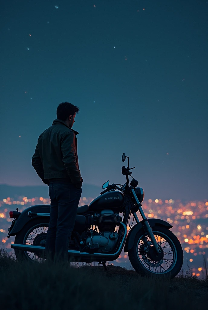 At night lonely and sad man on top of a hill looking out at a bright city with his motorcycle image