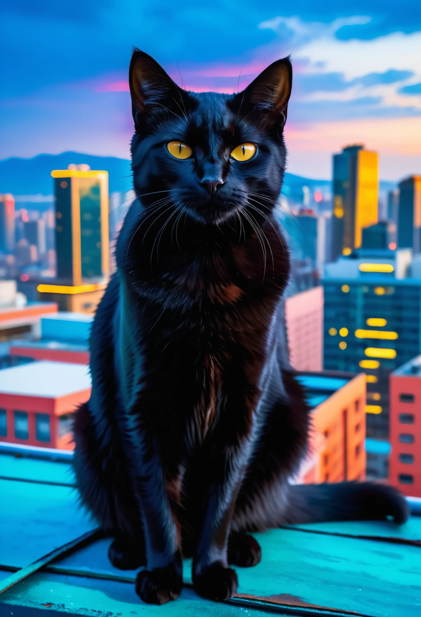 black cat on the roof against the background of a big city, highly detailed, sharp focus, winning, vivid colors, aesthetic, clear, crisp, artistic, expressive, color light, intricate, elegant, confident, dynamic, attractive, great composition, cinematic, rich deep detail, ambient, creative, positive, vibrant, beautiful, focused, strong, shiny, smart, epic