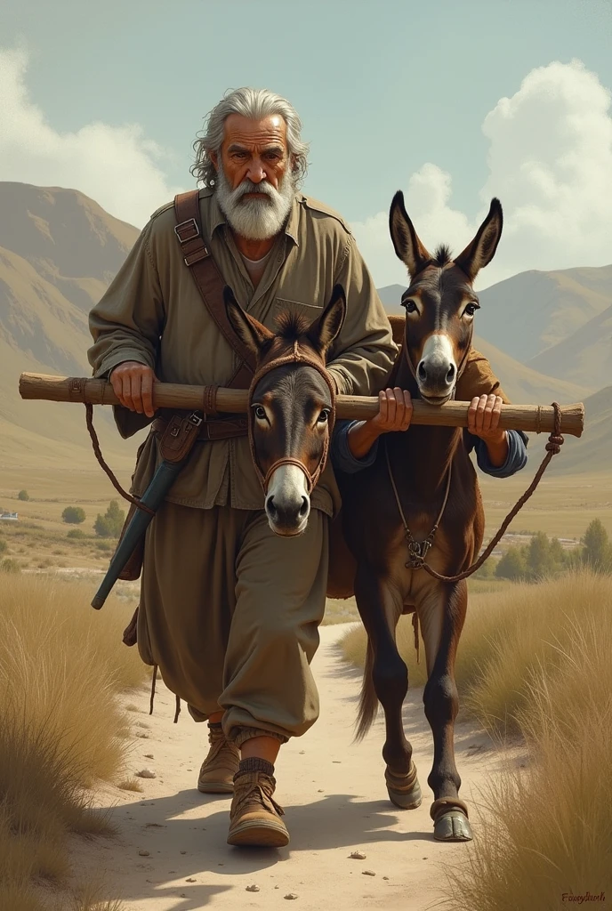 A father and son are carrying their donkey by tying it upside down to a stick, which they place on their shoulders.