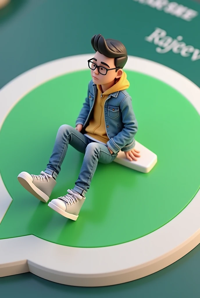 Create a 3D illustration of an animated character sitting casually on top of a social media logo "WhatsApp".The character must wear casual modern wear such as jeans jacket and sneakers shoes.The background of the image is a social media profile page with a user name "Rajeev" and a profile picture that match