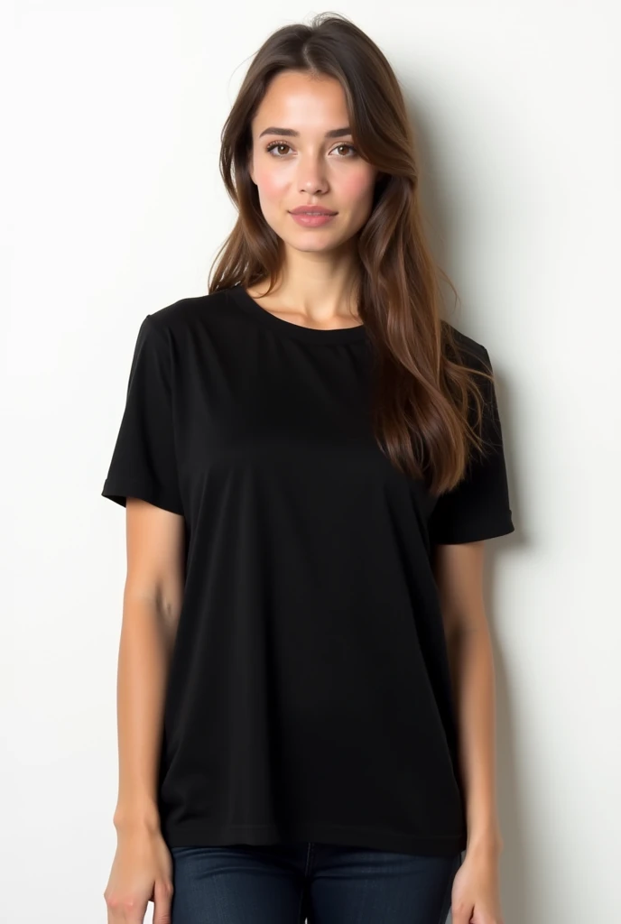 young woman in black t-shirt, smooth and unisex, on white background