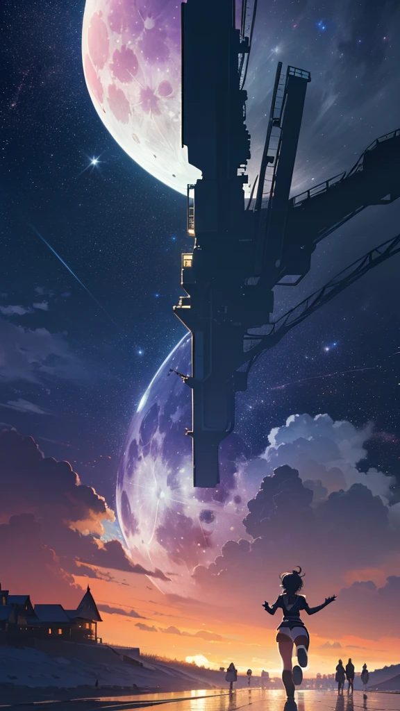 ((32k)), ((best quality)), ((ultra high res)), ((HDR)), ((UHD)), ((extremely detailed CG)), ((unity 32k wallpaper)), ((best quality starry sky)), ((best quality full moon)), (((best quality back))), ((best quality town)), ((((silhouette)))), (((silhouette human))), (((running))),