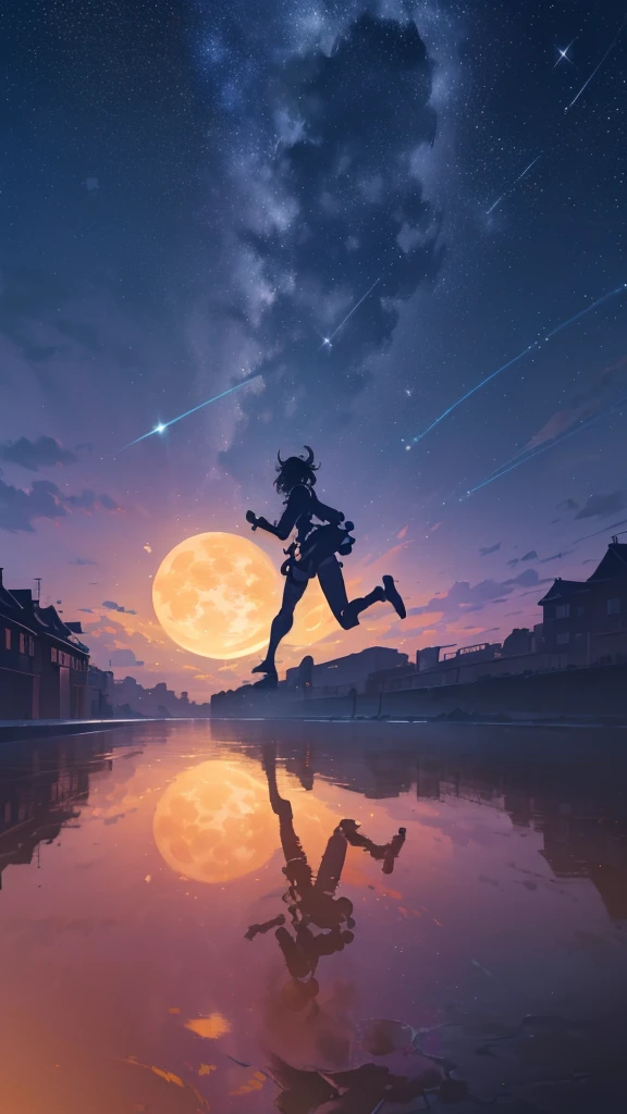 ((32k)), ((best quality)), ((ultra high res)), ((HDR)), ((UHD)), ((extremely detailed CG)), ((unity 32k wallpaper)), ((best quality starry sky)), ((best quality full moon)), (((best quality back))), ((best quality town)), ((((silhouette)))), (((silhouette human))), (((running))),