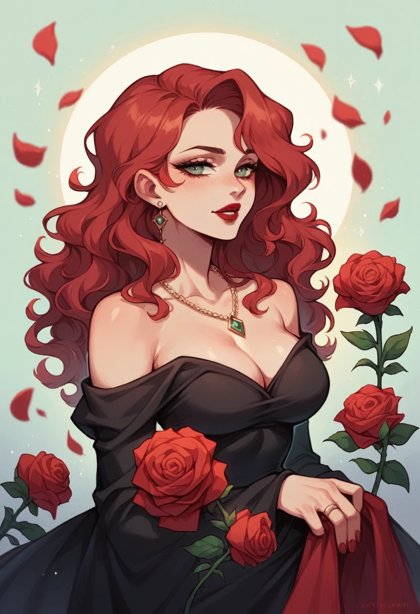 Beautiful woman with wavy hair and two red roses in her hair, with a thin and delicate face she wears red lipstick and has striking eyes, she wears a necklace of red roses, She wears a red and black dress and has two roses on her dress.