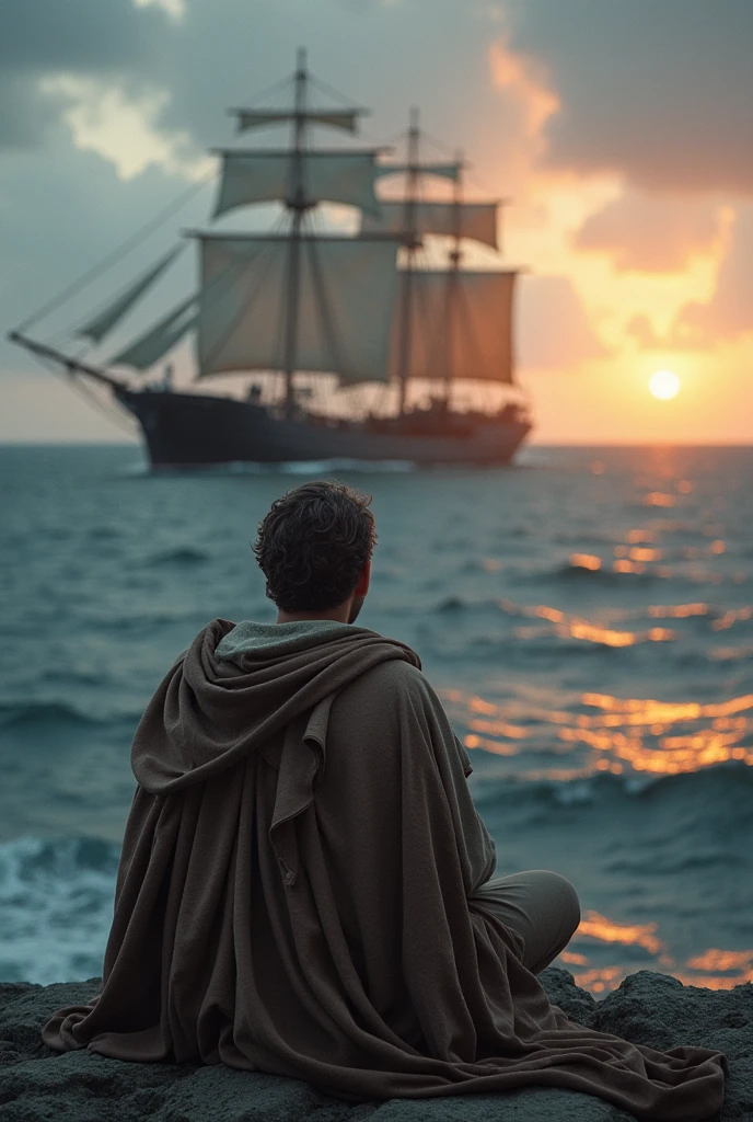 A sad Greek king watching the sea with anguish waiting for a ship