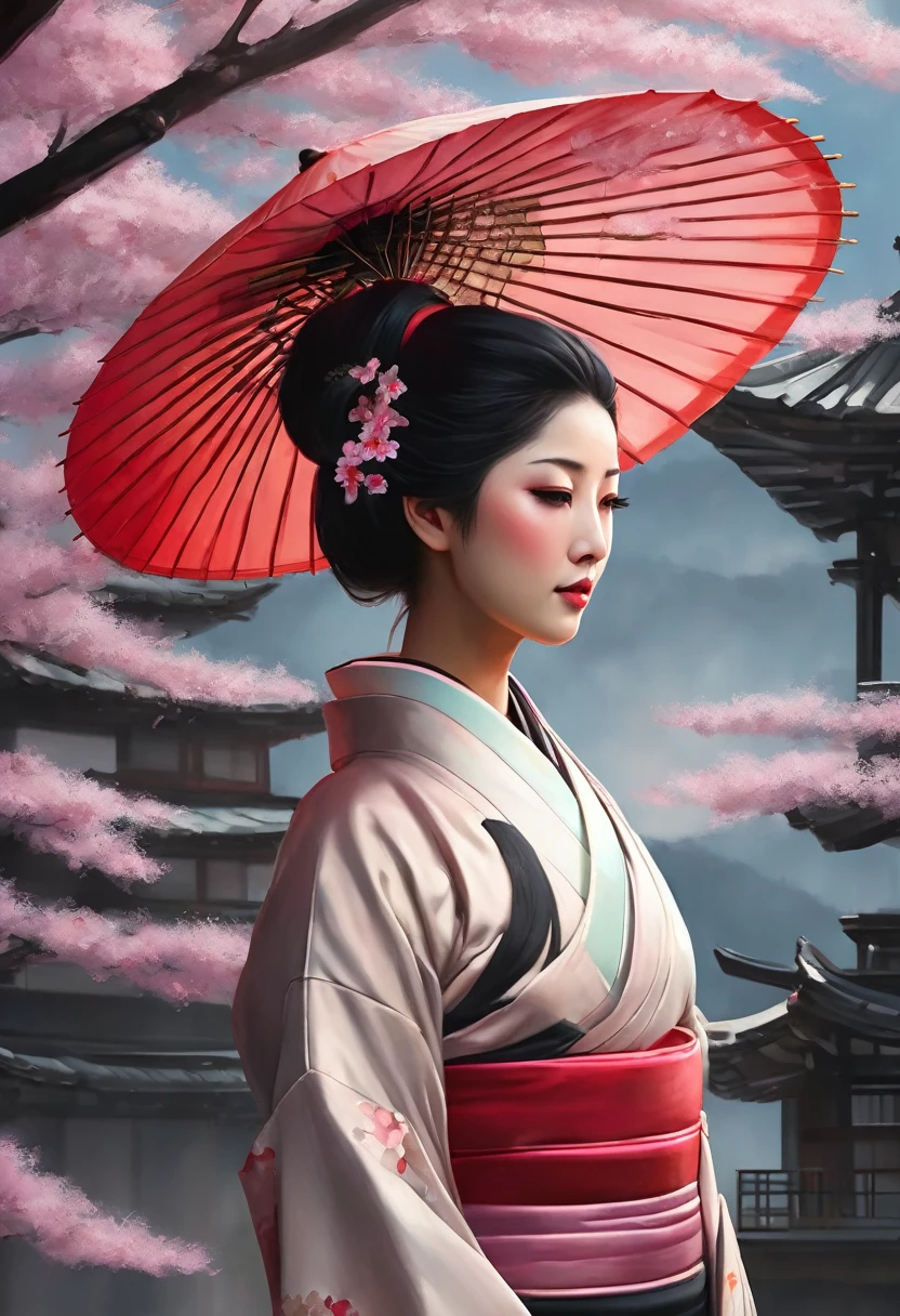 A hyper realistic Anime style portrait, Create a digital painting of an elegant woman dressed in a traditional Japanese kimono with a modern twist. The kimono is primarily black, providing a strong and sophisticated base, and features red and pink cherry blossom patterns that add warmth and delicacy. The red obi (belt) complements the kimono and adds a vibrant contrast. The woman is holding a large red umbrella above her, with subtle highlights that suggest sunlight filtering through. Her eyes are closed, exuding grace and serenity, and her hair is styled in a neat updo with soft waves. The background should depict a serene Japanese garden with cherry blossom trees in full bloom and a traditional pagoda structure in muted reds, with soft pastel hues creating a peaceful atmosphere. The textures should be smooth and polished, with the kimono appearing silky and luxurious, and the cherry blossoms delicate and soft. The overall atmosphere should be calm and sophisticated, with a harmonious blend of colors and textures that emphasize the character’s elegance and the serene setting, beautiful girl, beautiful detailed eyes, beautiful detailed lips, extremely detailed face and skin, long eyelashes, graceful pose, serene expression, cinematic lighting, award-winning digital art, highly detailed, 8k, photorealistic, masterpiece, vibrant colors, dramatic lighting