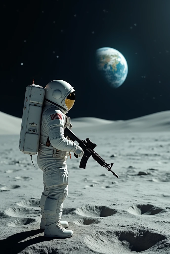 Man with m4 gun on the moon looking at the earth