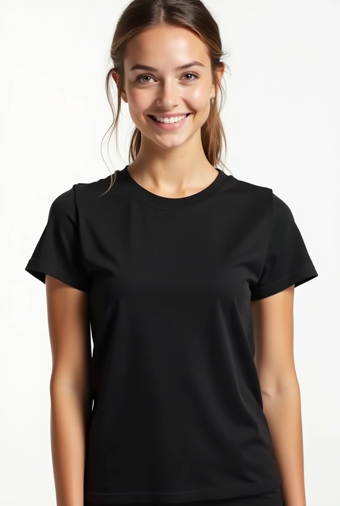 young woman in black t-shirt, smooth and unisex, on white background