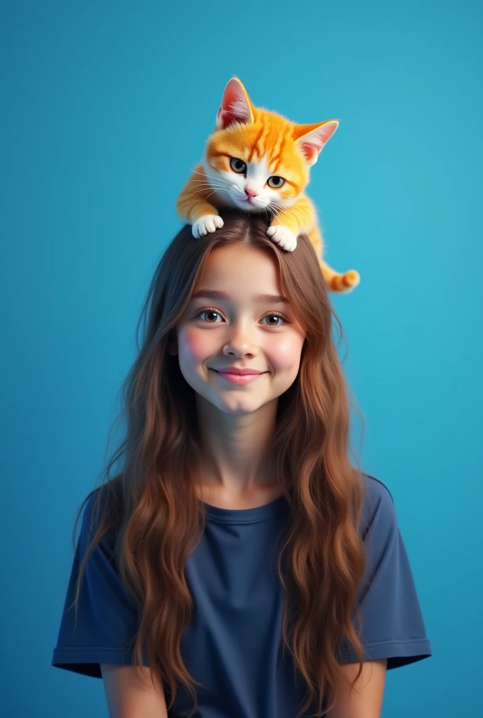 Blue background and teenage girl who has brown long hair, wearing dark blue t-shirt and has a yellow white cat on her head