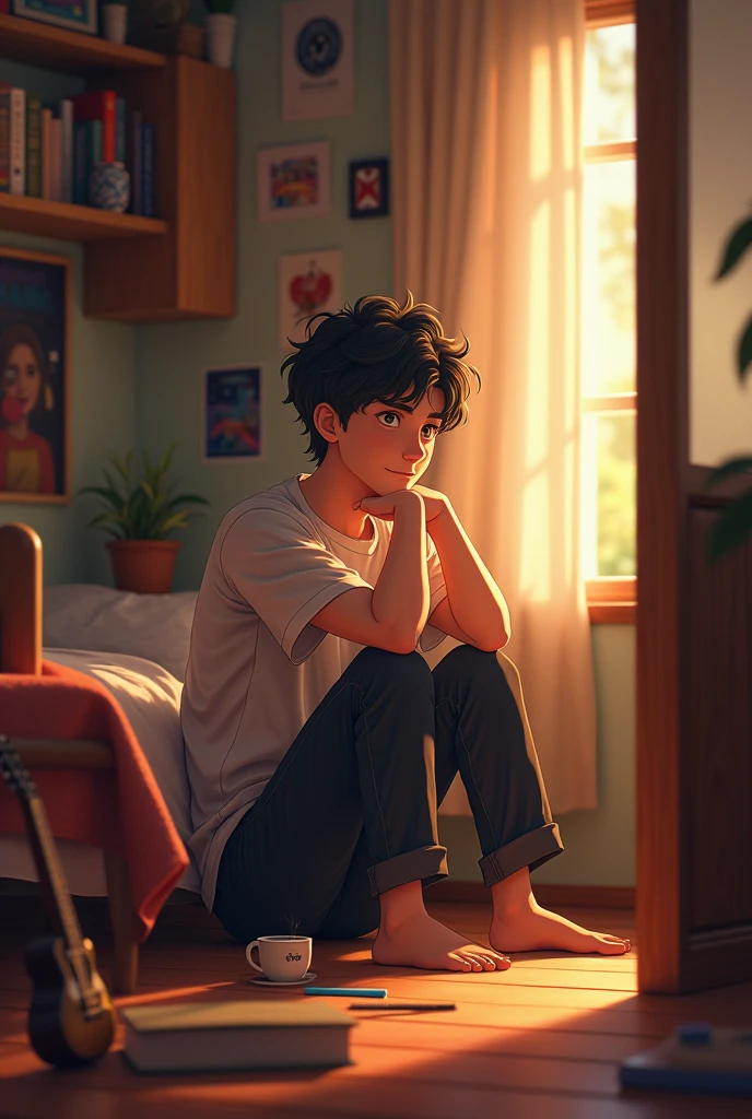 A 18 year old boy with sitting in his room corner alone in happy mood 