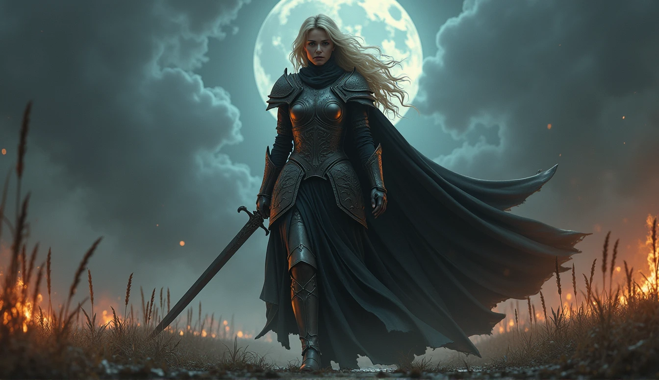 dark fantasy, bittersweet atmosphere, a Blonde warrior woman, Xeena, pale skin, full plate armor with intricate designs, sword held in one hand retreating into deep shadows, her face set with determination, the battlefield behind her is shrouded in darkness, faint glimmers of light from distant fires, she disappears into the night, knowing the battle isn’t over, shadows enveloping her figure as she fades away, low-angle shot focusing on her retreat