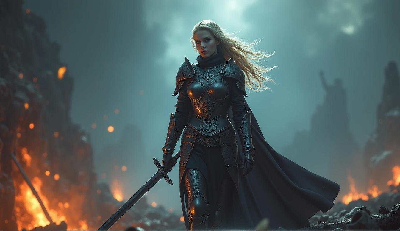 dark fantasy, bittersweet atmosphere, a Blonde warrior woman, Xeena, pale skin, full plate armor with intricate designs, sword held in one hand retreating into deep shadows, her face set with determination, the battlefield behind her is shrouded in darkness, faint glimmers of light from distant fires, she disappears into the night, knowing the battle isn’t over, shadows enveloping her figure as she fades away, low-angle shot focusing on her retreat