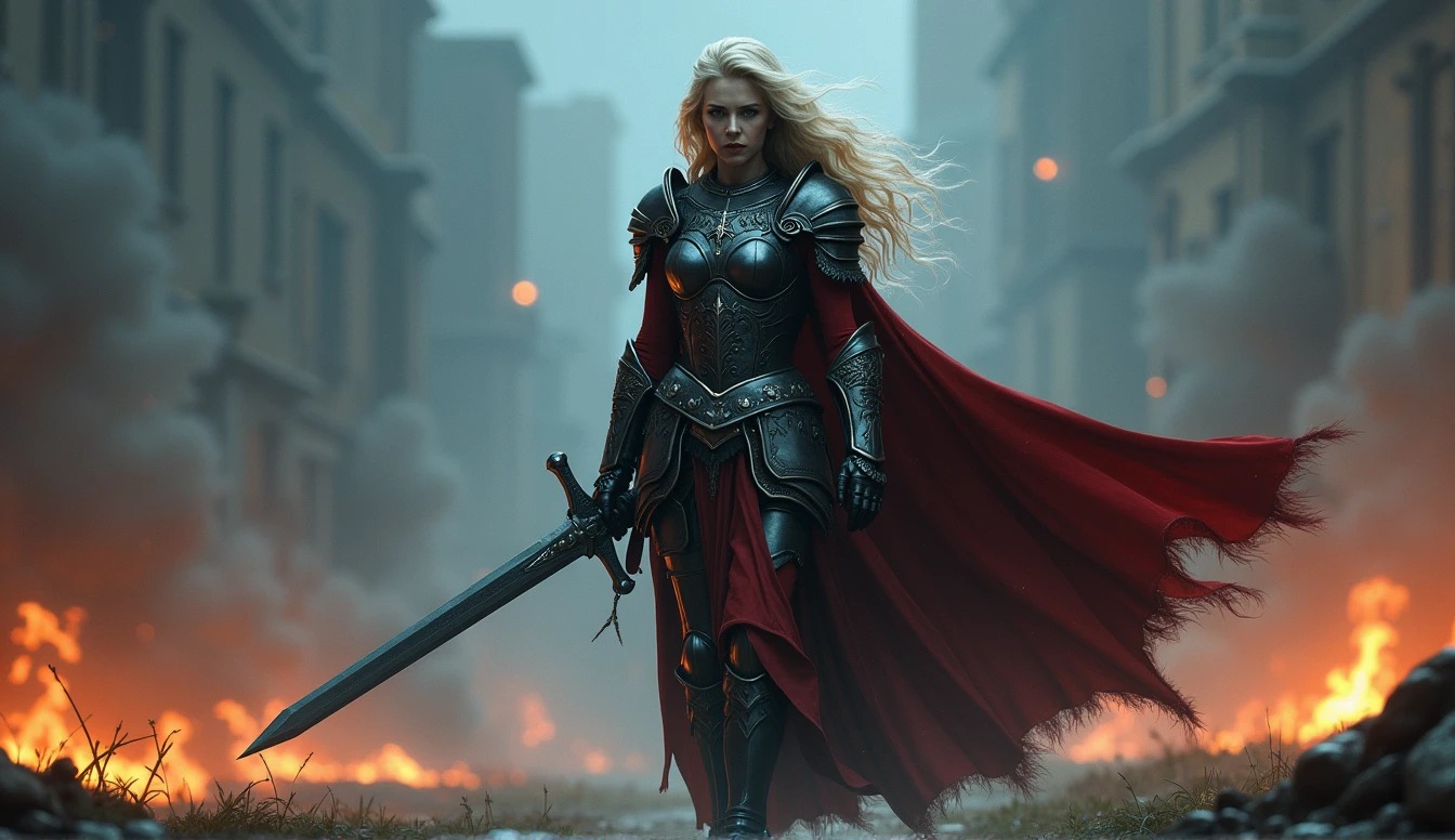 dark fantasy, bittersweet atmosphere, a Blonde warrior woman, Xeena, pale skin, full plate armor with intricate designs, sword held in one hand retreating into deep shadows, her face set with determination, the battlefield behind her is shrouded in darkness, faint glimmers of light from distant fires, she disappears into the night, knowing the battle isn’t over, shadows enveloping her figure as she fades away, low-angle shot focusing on her retreat