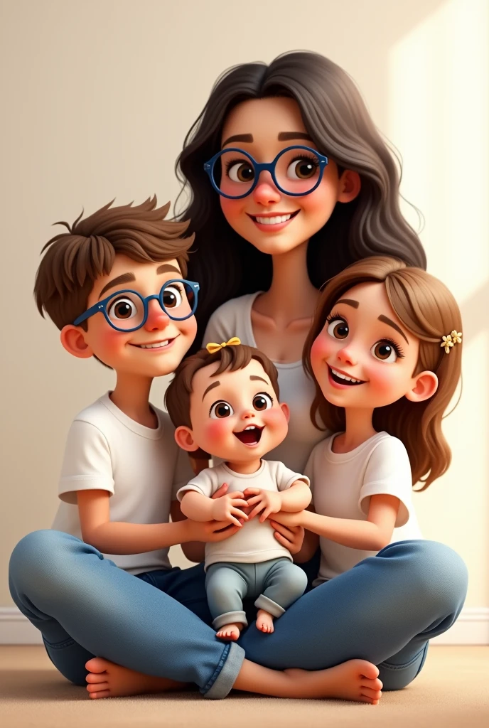 Create a Pixar animation style family portrait.
A mother with three children. A one year old baby boy. An 8 year old boy with glasses and a 6 year old girl.
The mother is sitting on the floor with her legs crossed and holding the baby in her arms..
On the left is the boy. On the right is the girl. Everyone is wearing a white t-shirt and jeans. Everyone is smiling warmly and has a cheerful expression.
The mother has long, dark wavy hair and wears blue-framed glasses; the boy also wears black-framed glasses..
The children have light brown, almost blonde hair..
The boy has light brown, almost blond hair..
She has shoulder length hair with a bow on her head.
The background is neutral and soft in tone.. 
The entire scene must have vibrant colors., expressive expressions and warm lighting typical of Pixar animations.
Everyone looking at the camera.
The boy on the left wears black-framed glasses..