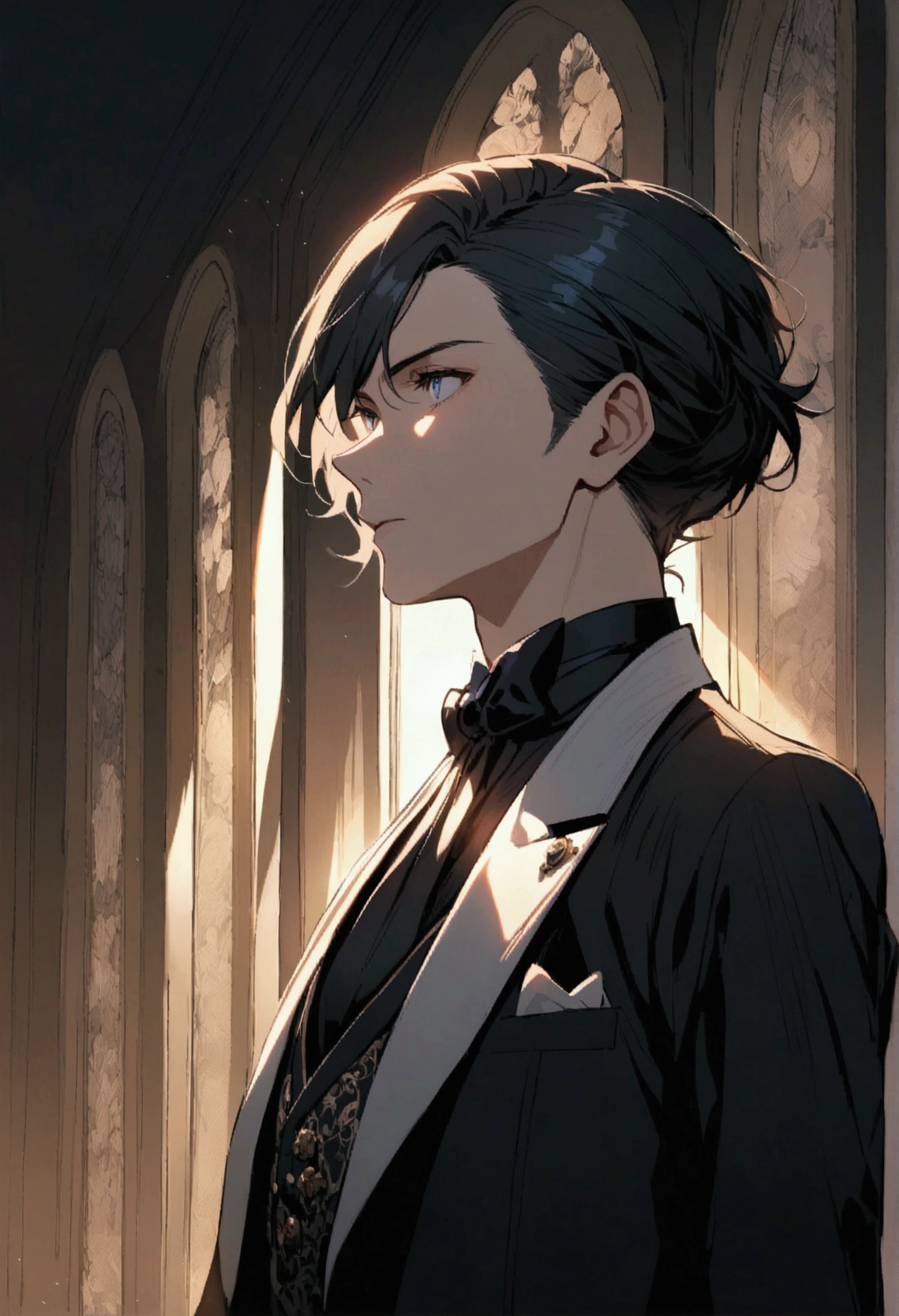 man with short black hair, dark blue eyes, black and blue formal wear