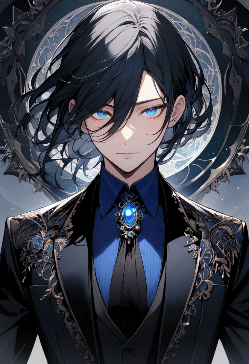 man with short black hair, dark blue eyes, black and blue formal wear