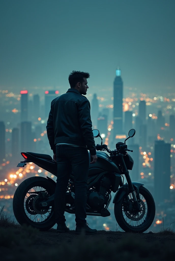 At night lonely and sad man on top of a hill looking out at a bright city with his motorcycle image