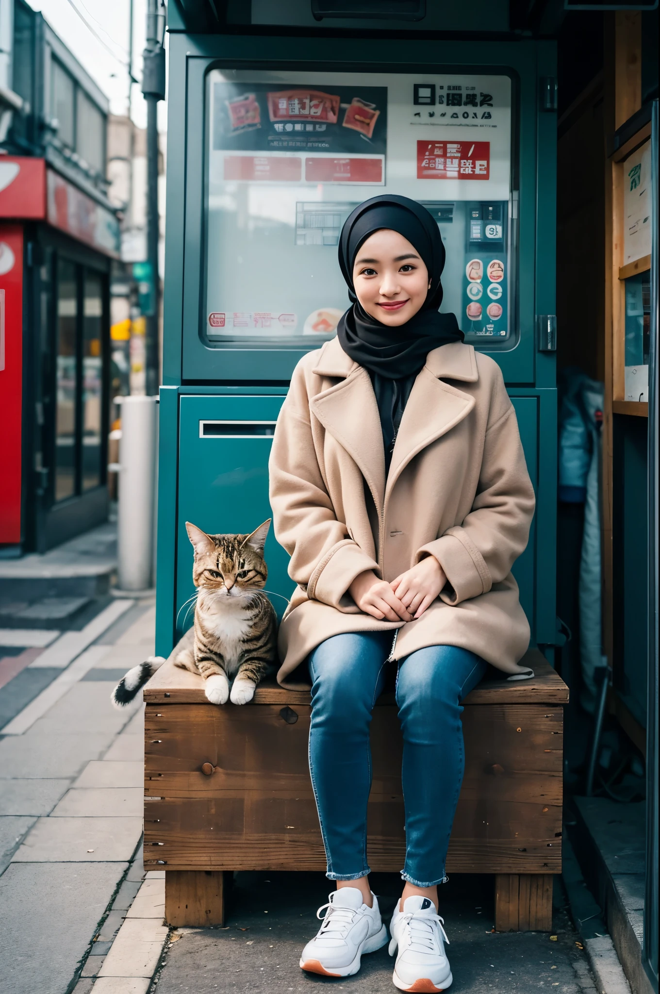 Create a full-body, cinematic portrait of an Asian girl wearing a hijab and a pea coat jacket, sitting on a wooden bench in front of a vending machine, outside a ramen shop. She is wearing white sneakers and is accompanied by a cute cat. A bicycle is parked behind her. The scene captures the essence of Tokyo street fashion and Japanese Western street aesthetics. Use a front view composition with a focus on the Rule of Thirds. The girl should be smiling, looking at the camera, with natural light illuminating the scene to highlight her cheerful expression. The style should be contemporary and fashion-forward, suitable for advertising or promotional imagery.