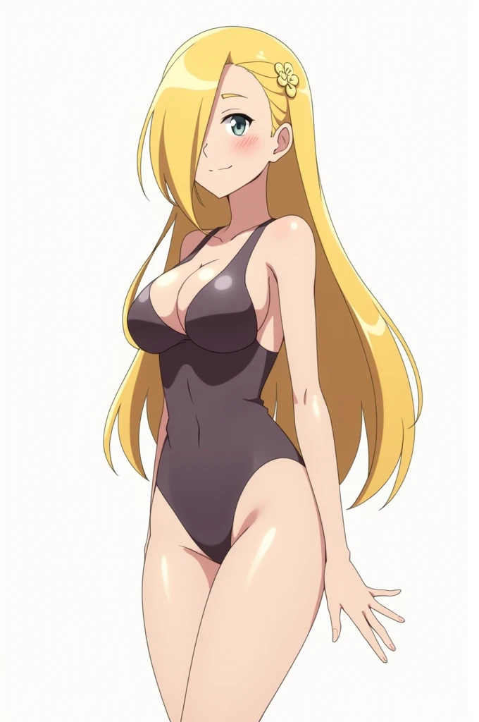 cynthia,pokemon,very long hair,blonde hair,long hair,hair ornament,hair over one eye,slender,gray eyes,midium breasts,20 years old,1girl, Kyoto animation style, whole body, looking away, stomach, leaning forward, shiny, obesity, light blush, huge breasts, leotard, overexposure, white background,