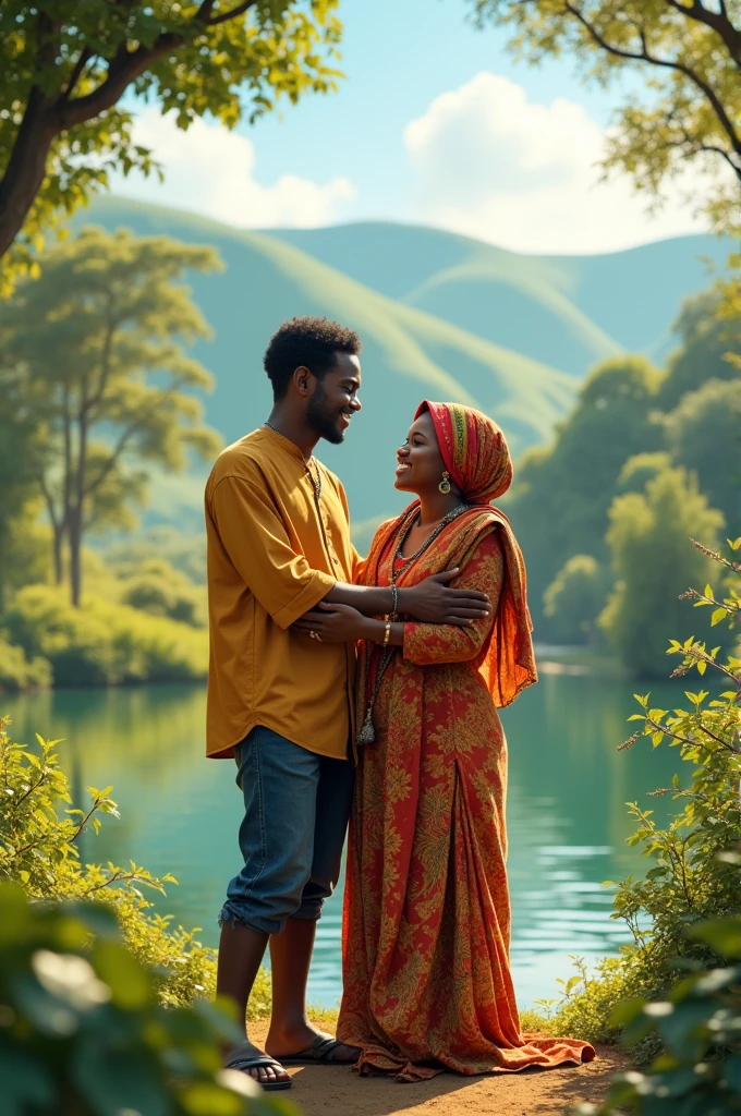 Creat a nigerian muslim girls of 19 years in happy mode with boy frieand in good condition in beautifull place
